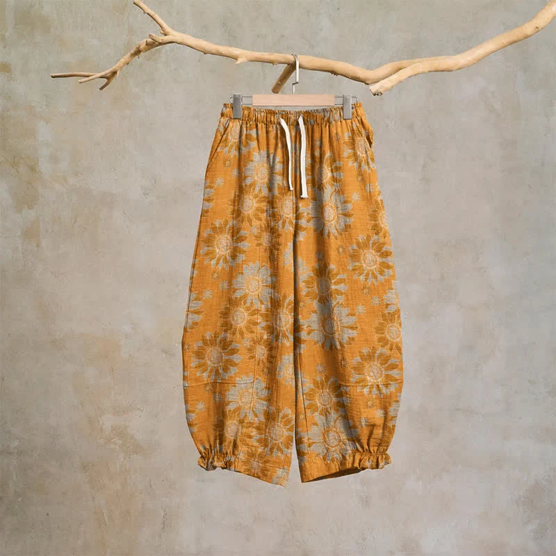 Vintage-Sonnenblumen-Baumwoll-Loungewear-Hose