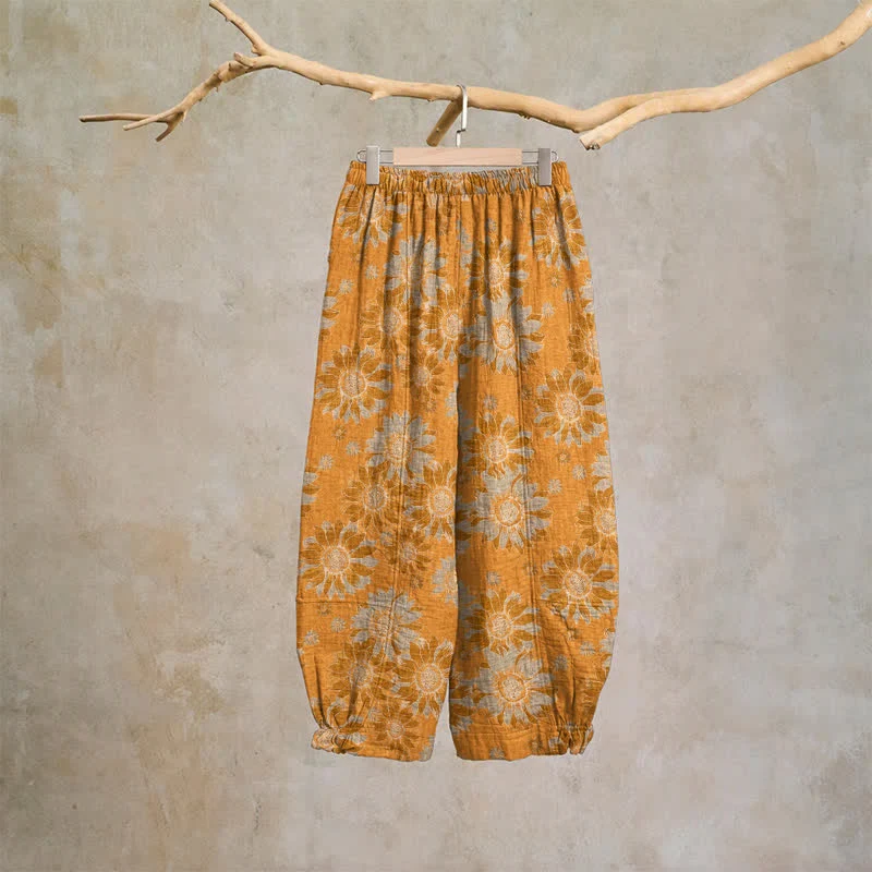 Vintage-Sonnenblumen-Baumwoll-Loungewear-Hose