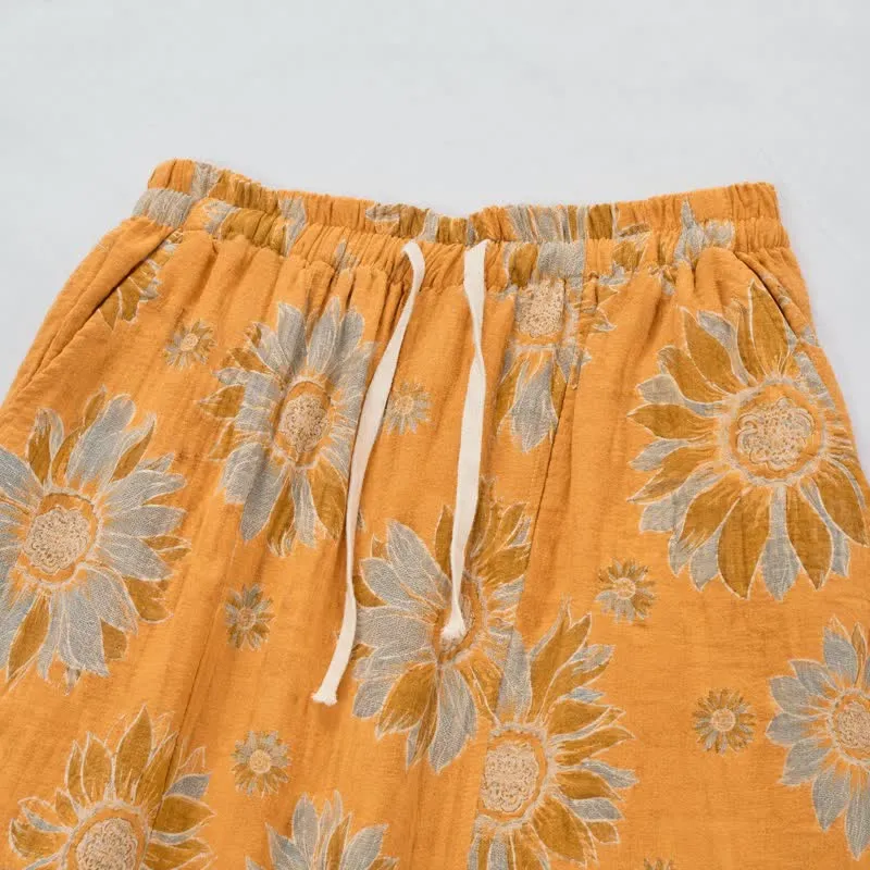 Vintage-Sonnenblumen-Baumwoll-Loungewear-Hose