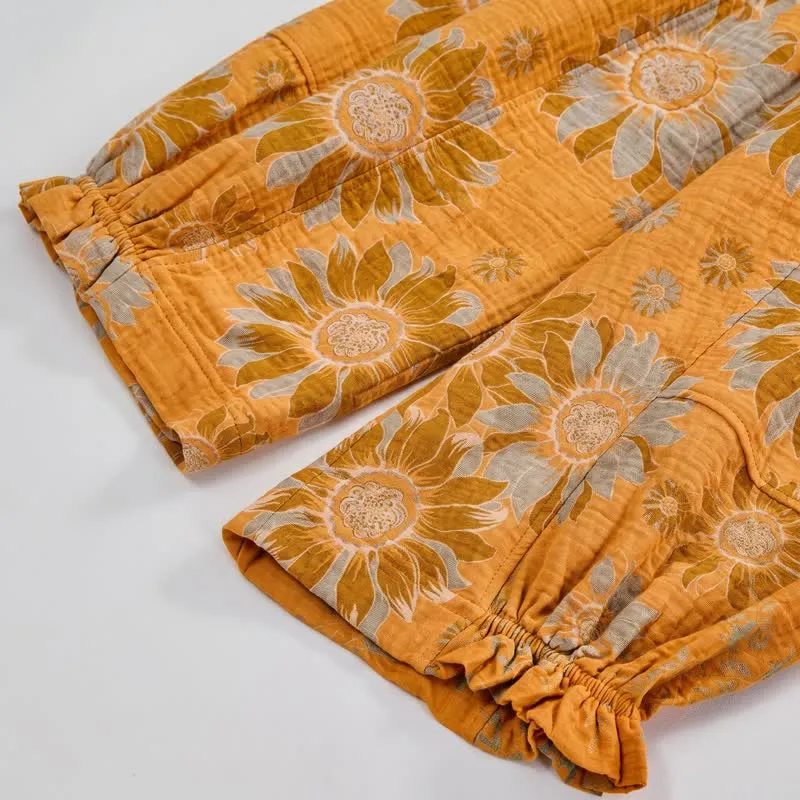 Vintage-Sonnenblumen-Baumwoll-Loungewear-Hose