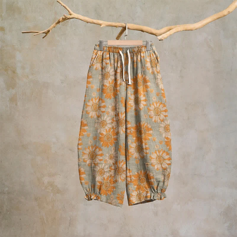 Vintage-Sonnenblumen-Baumwoll-Loungewear-Hose