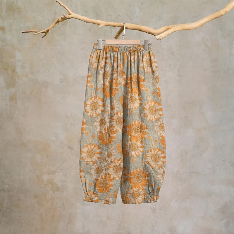 Vintage-Sonnenblumen-Baumwoll-Loungewear-Hose