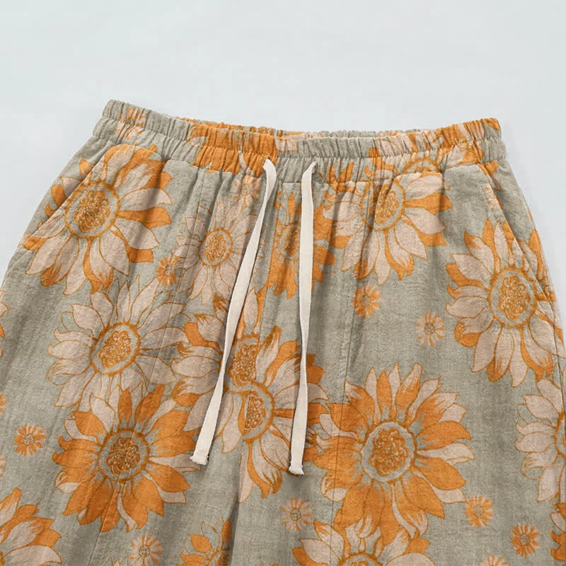 Vintage-Sonnenblumen-Baumwoll-Loungewear-Hose