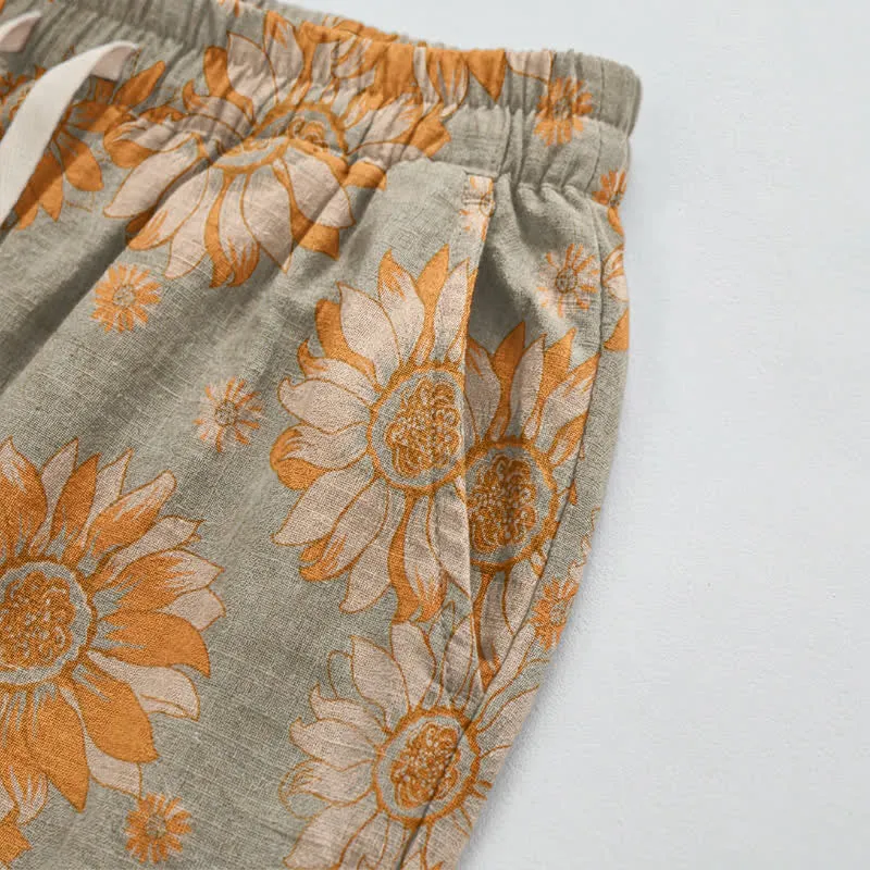 Vintage-Sonnenblumen-Baumwoll-Loungewear-Hose