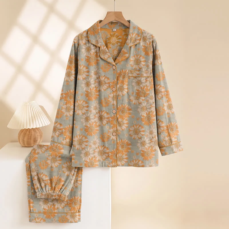 Retro-Sonnenblumen-Baumwoll-Loungewear-Pyjama-Set