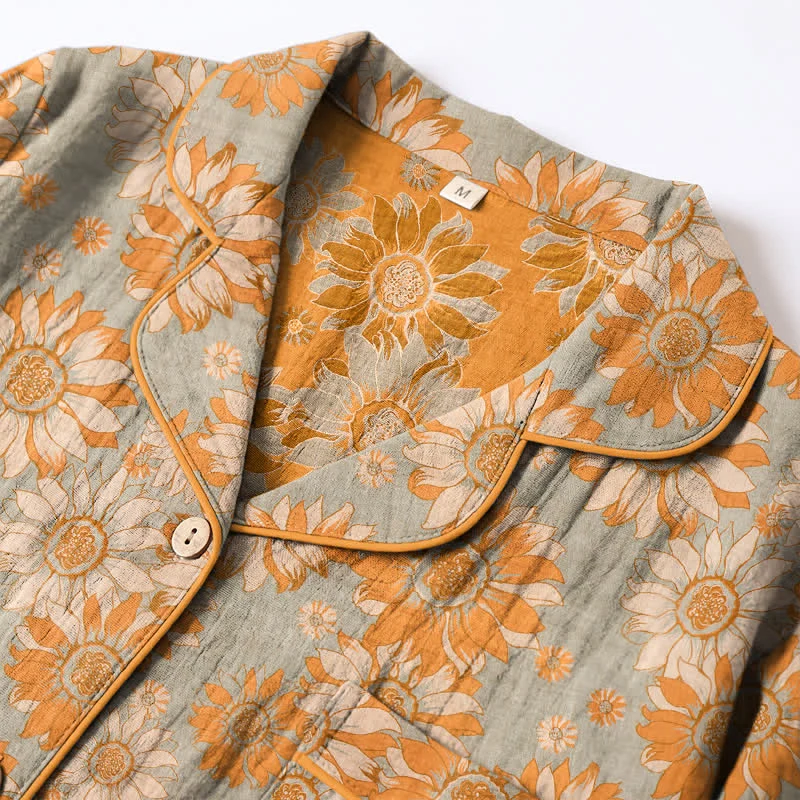 Retro-Sonnenblumen-Baumwoll-Loungewear-Pyjama-Set
