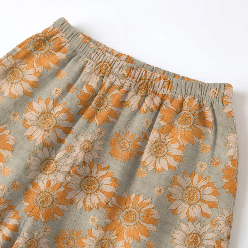 Retro-Sonnenblumen-Baumwoll-Loungewear-Pyjama-Set