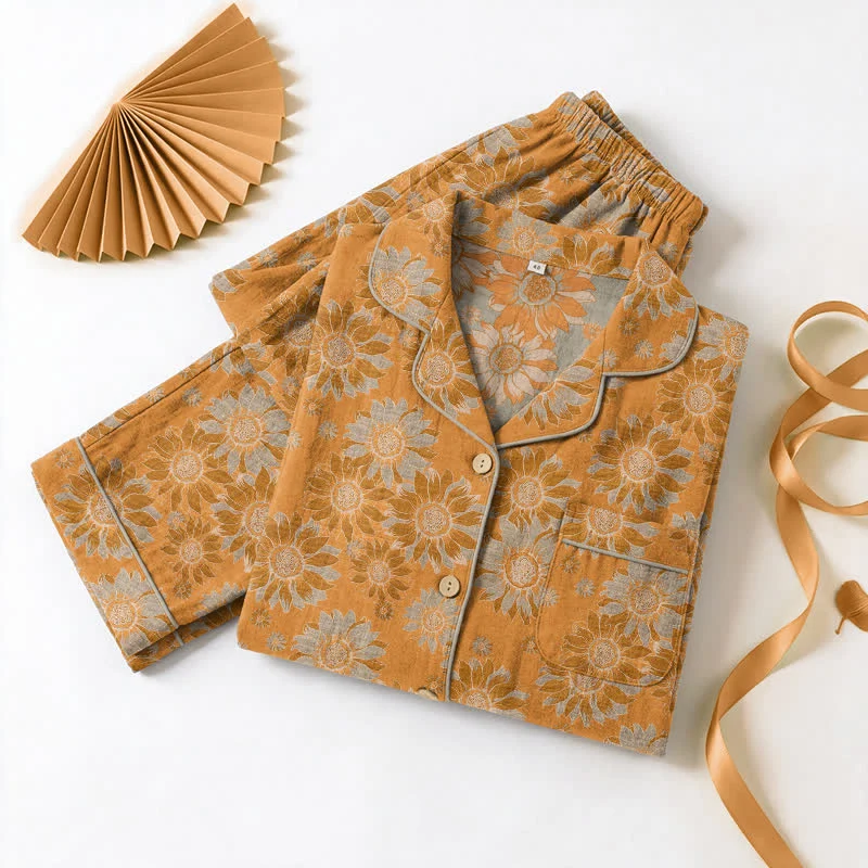 Retro-Sonnenblumen-Baumwoll-Loungewear-Pyjama-Set