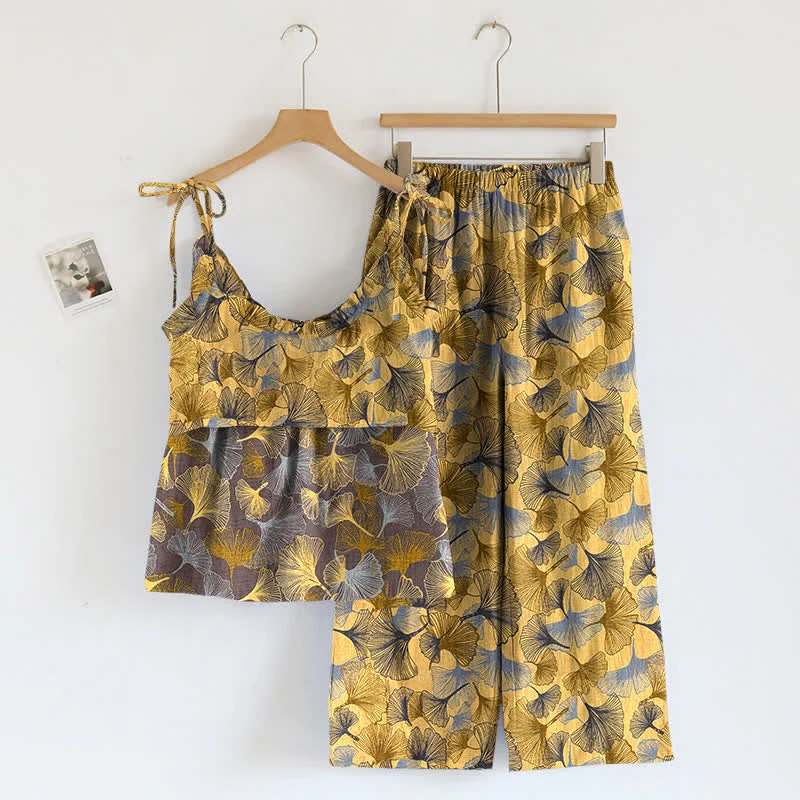 Retro-Loungewear-Set aus Baumwoll-Cami mit Ginkgoblattmuster