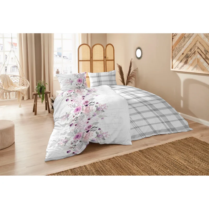 Zeo Living Bettwäsche Soft-Seersucker Rosen lila