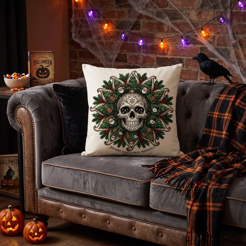 Weihnachts-Totenkopf-Mandala-Plüschkissen
