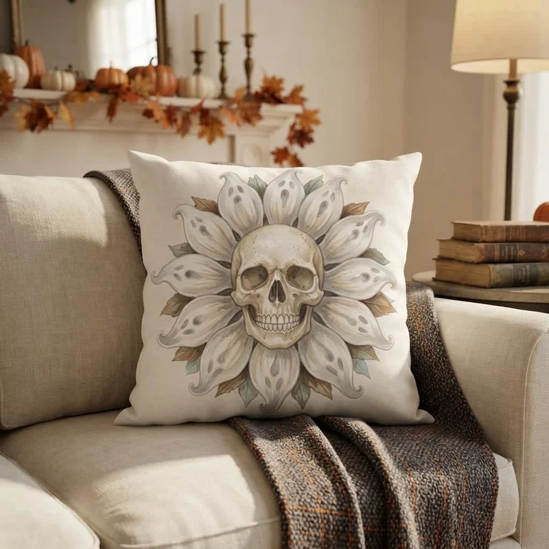 Plüschkissen mit Geister-Sonnenblumen-Totenkopf