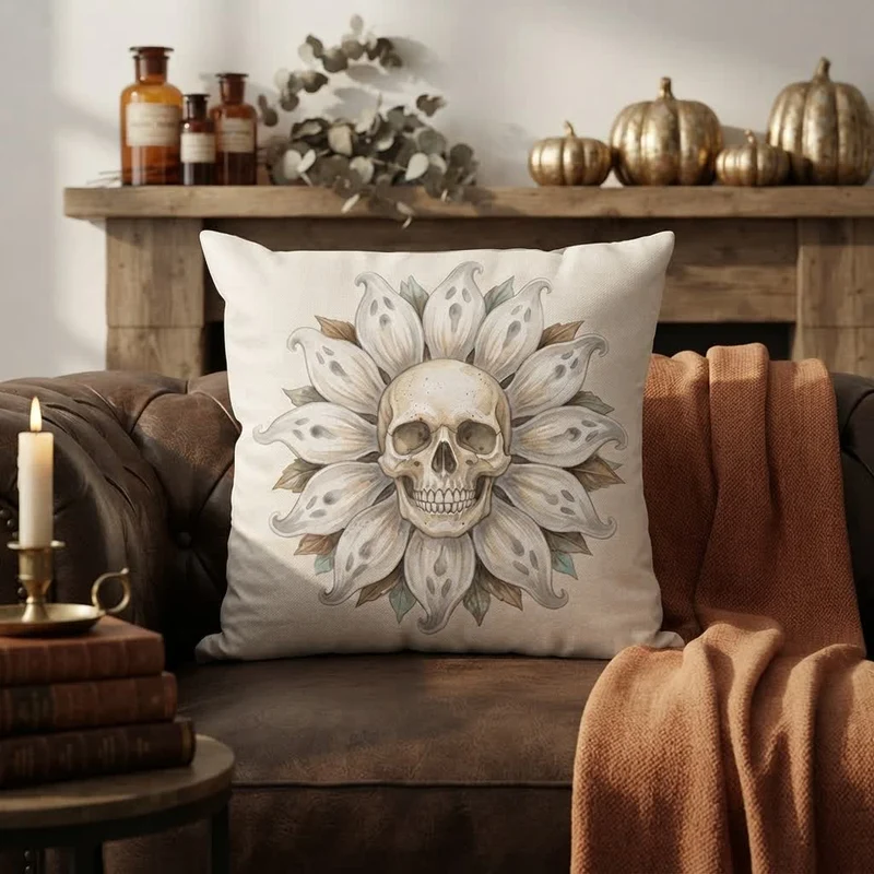 Plüschkissen mit Geister-Sonnenblumen-Totenkopf