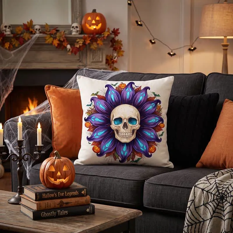 Gruseliges Sonnenblumen-Totenkopf-Plüschkissen