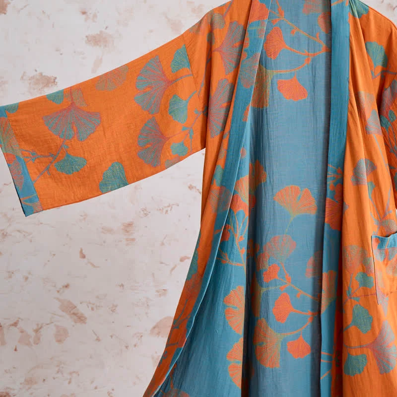 Retro-Kimono aus Baumwolle mit Ginkgoblatt