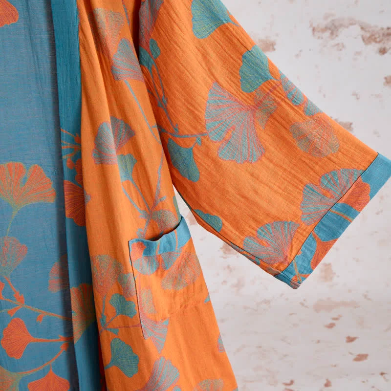 Retro-Kimono aus Baumwolle mit Ginkgoblatt