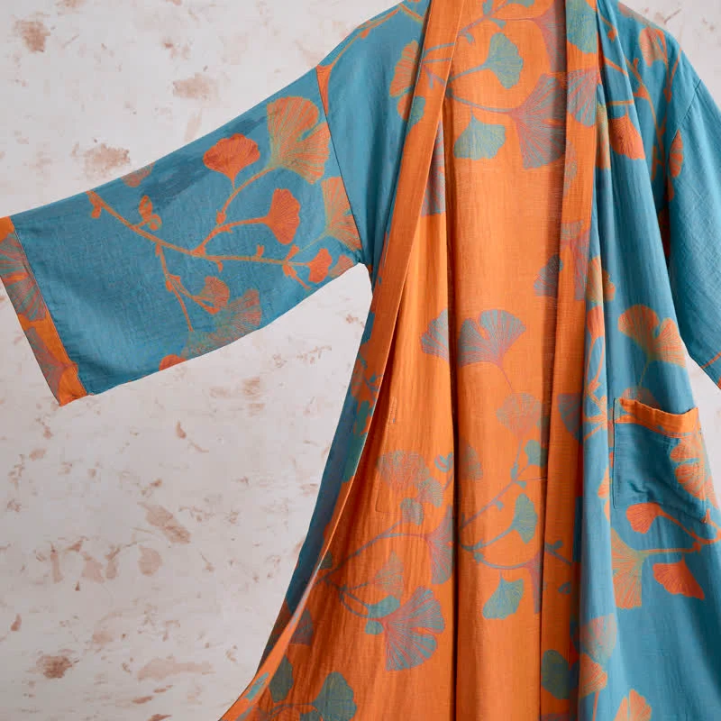 Retro-Kimono aus Baumwolle mit Ginkgoblatt