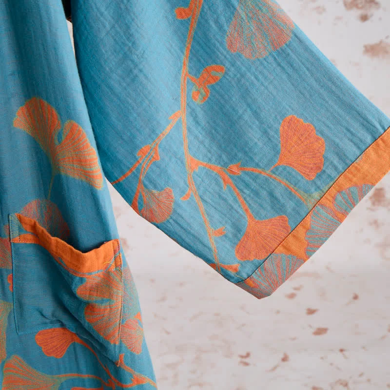 Retro-Kimono aus Baumwolle mit Ginkgoblatt