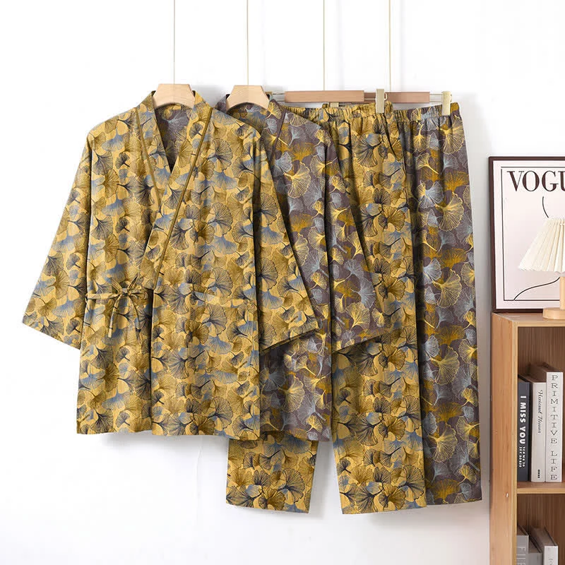 Vintage Kimono-Pyjama-Set aus Baumwolle mit Ginkgoblatt-Motiv