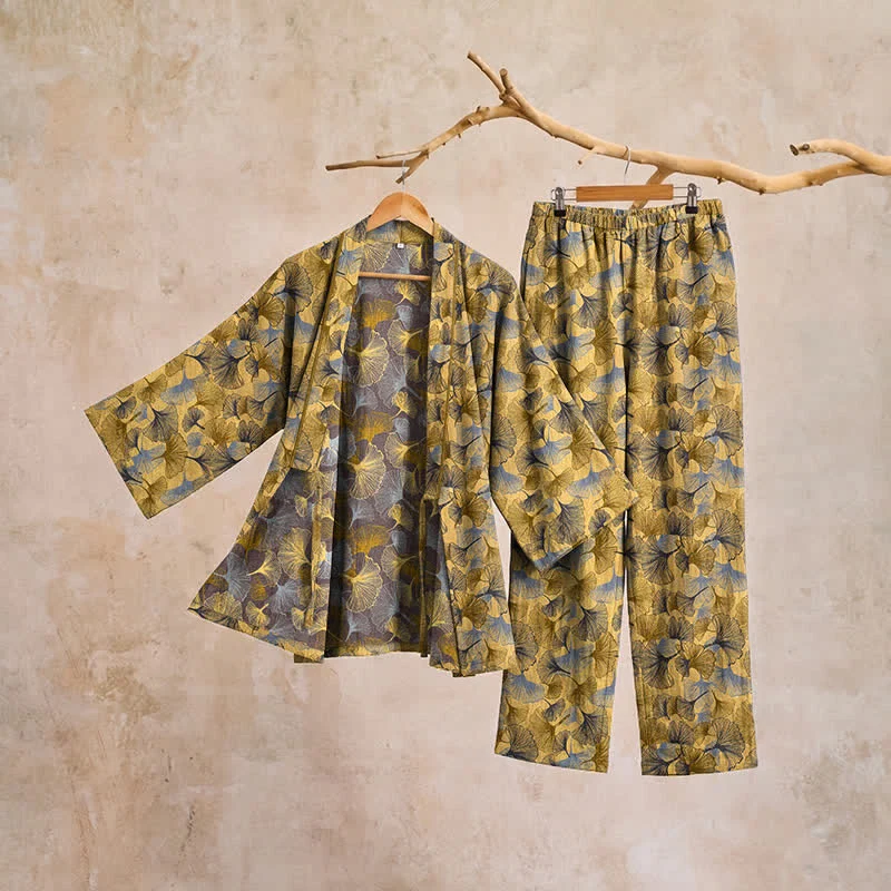 Vintage Kimono-Pyjama-Set aus Baumwolle mit Ginkgoblatt-Motiv
