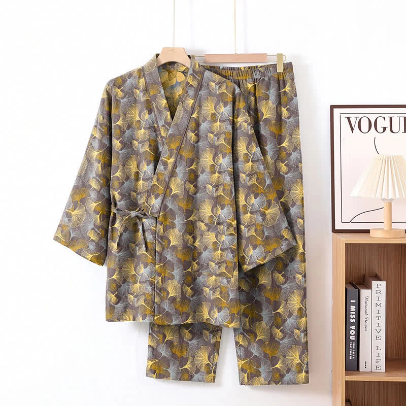 Vintage Kimono-Pyjama-Set aus Baumwolle mit Ginkgoblatt-Motiv