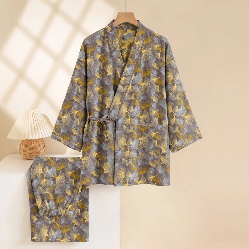 Vintage Kimono-Pyjama-Set aus Baumwolle mit Ginkgoblatt-Motiv