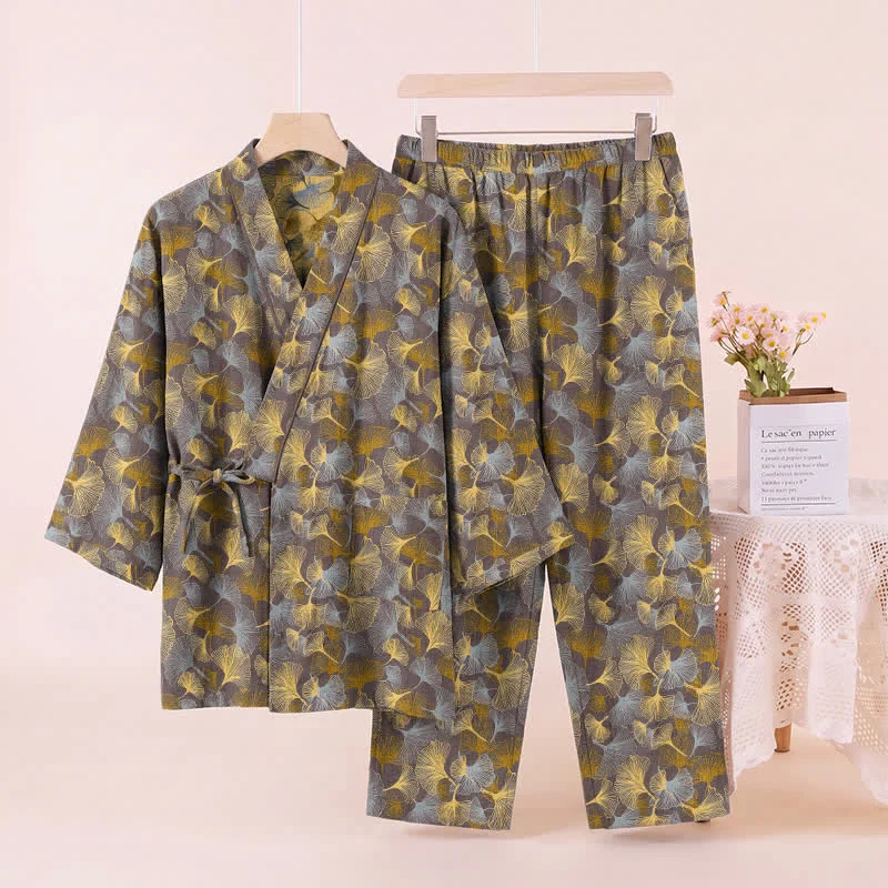 Vintage Kimono-Pyjama-Set aus Baumwolle mit Ginkgoblatt-Motiv