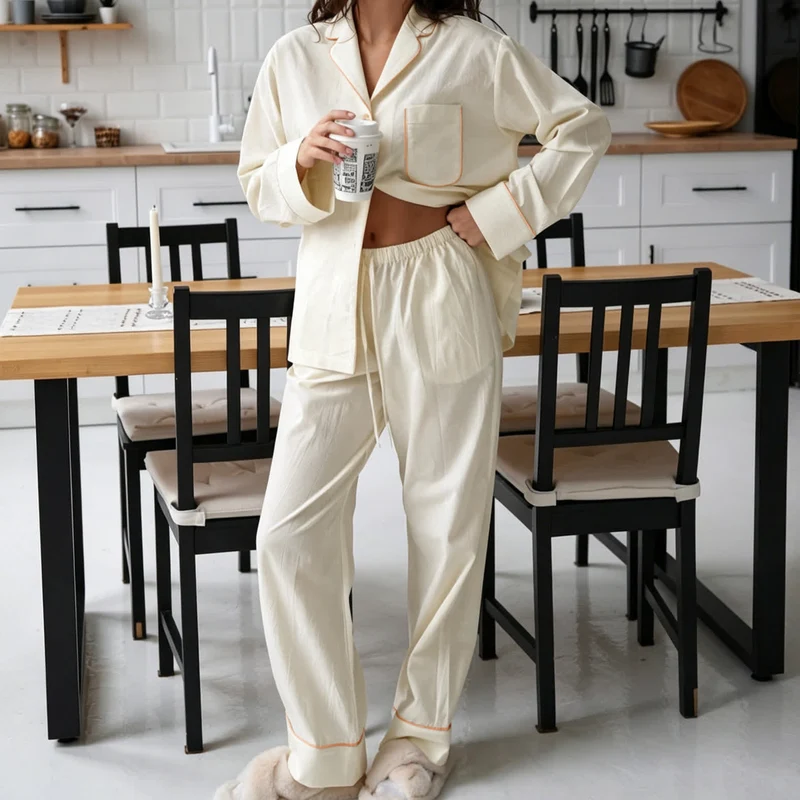 Minimalistischer Baumwoll-Pyjama-Set mit langen Ärmeln und Taschen