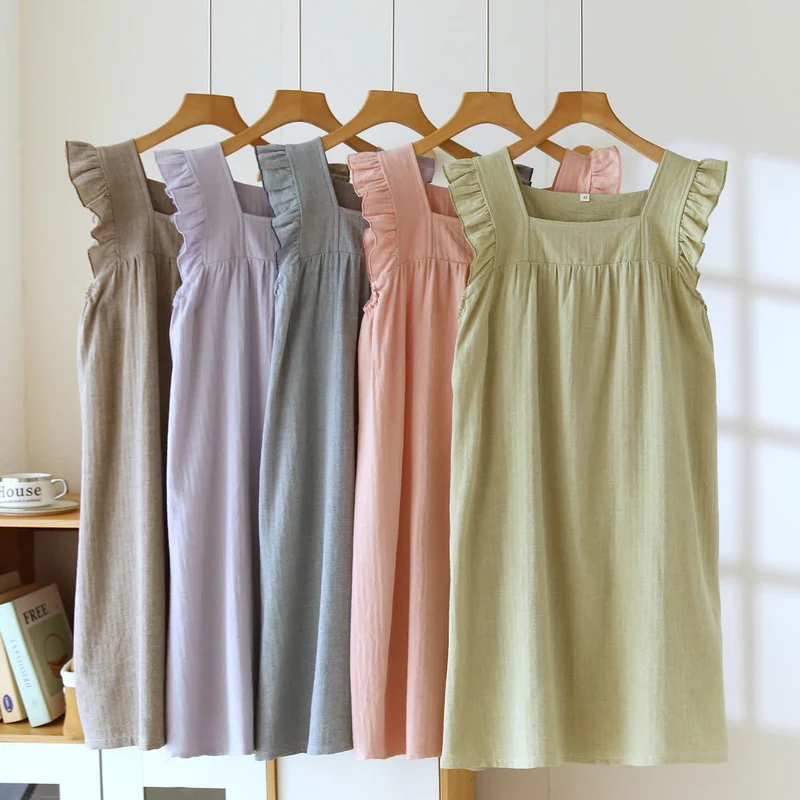 Baumwoll-Loungekleid mit eckigem Ausschnitt und Rüschen