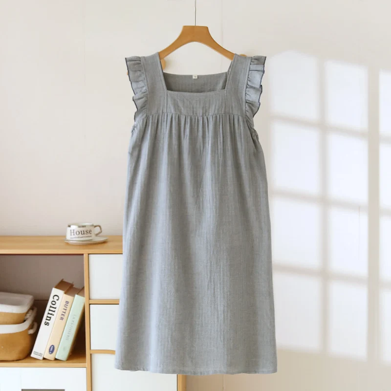 Baumwoll-Loungekleid mit eckigem Ausschnitt und Rüschen
