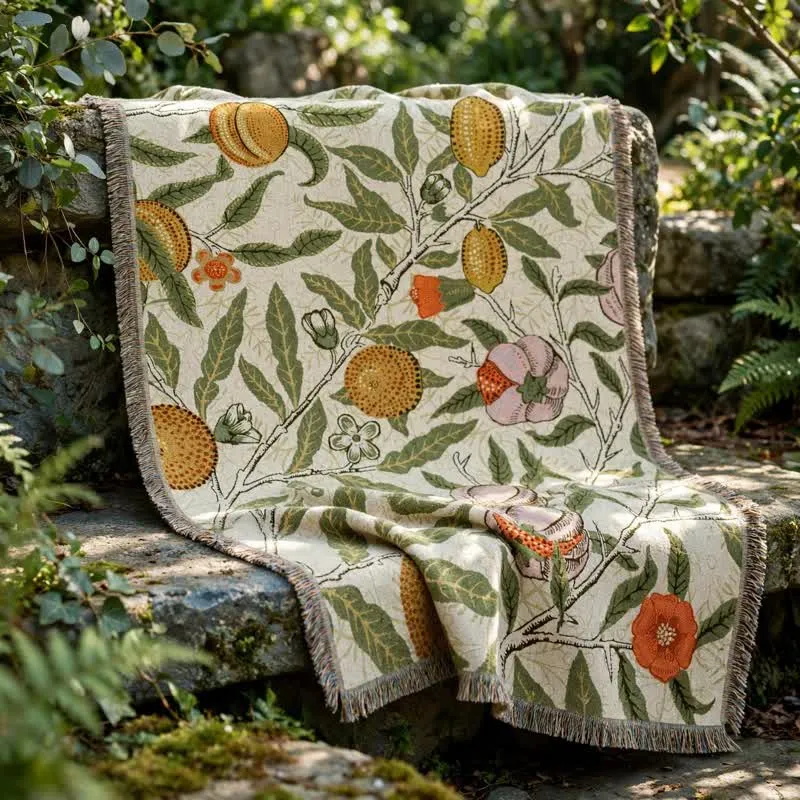 Vintage-Überwurfdecke mit Granatapfelmuster und botanischen Motiven