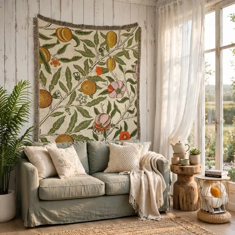 Vintage-Überwurfdecke mit Granatapfelmuster und botanischen Motiven