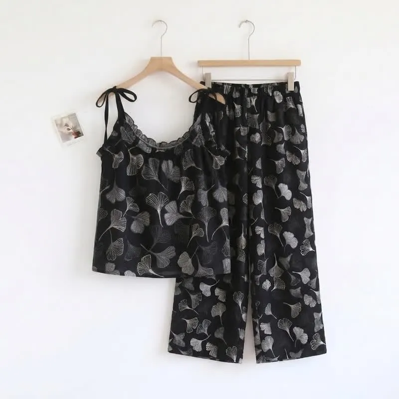 Vintage Ginkgo Leaf Baumwoll-Cami Loungewear-Set