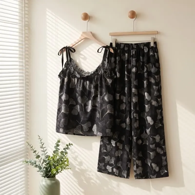 Vintage Ginkgo Leaf Baumwoll-Cami Loungewear-Set