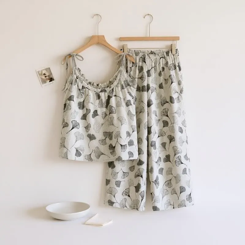 Vintage Ginkgo Leaf Baumwoll-Cami Loungewear-Set