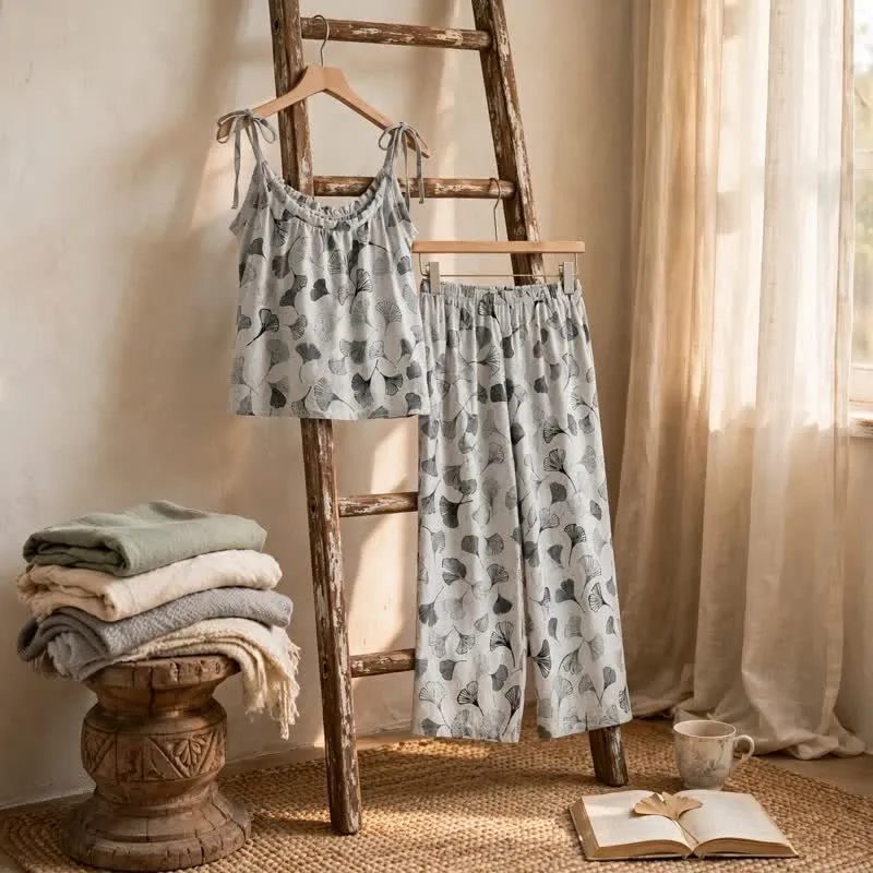 Vintage Ginkgo Leaf Baumwoll-Cami Loungewear-Set