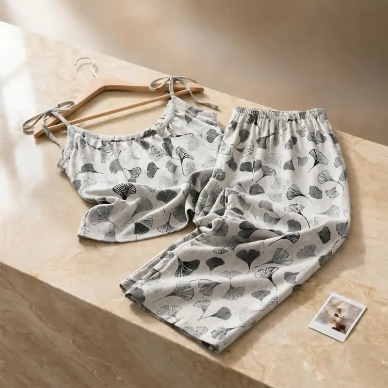 Vintage Ginkgo Leaf Baumwoll-Cami Loungewear-Set