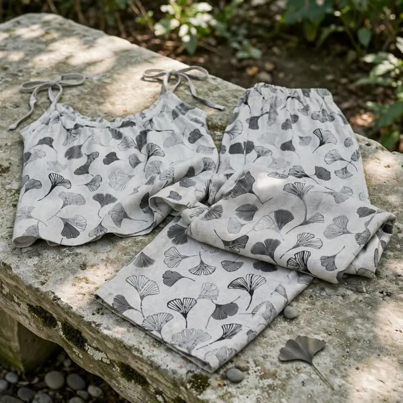 Vintage Ginkgo Leaf Baumwoll-Cami Loungewear-Set