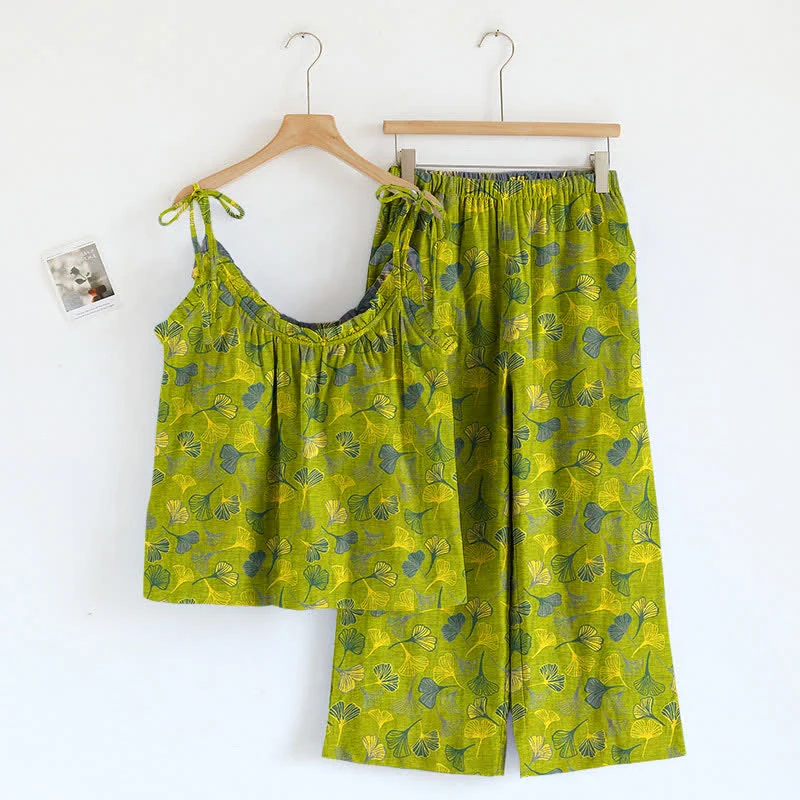 Retro-Loungewear-Set aus Baumwolle mit botanischem Ginkgoblatt-Tami-Top