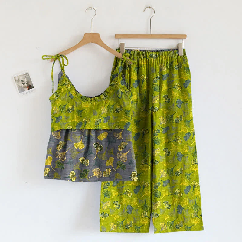 Retro-Loungewear-Set aus Baumwolle mit botanischem Ginkgoblatt-Tami-Top