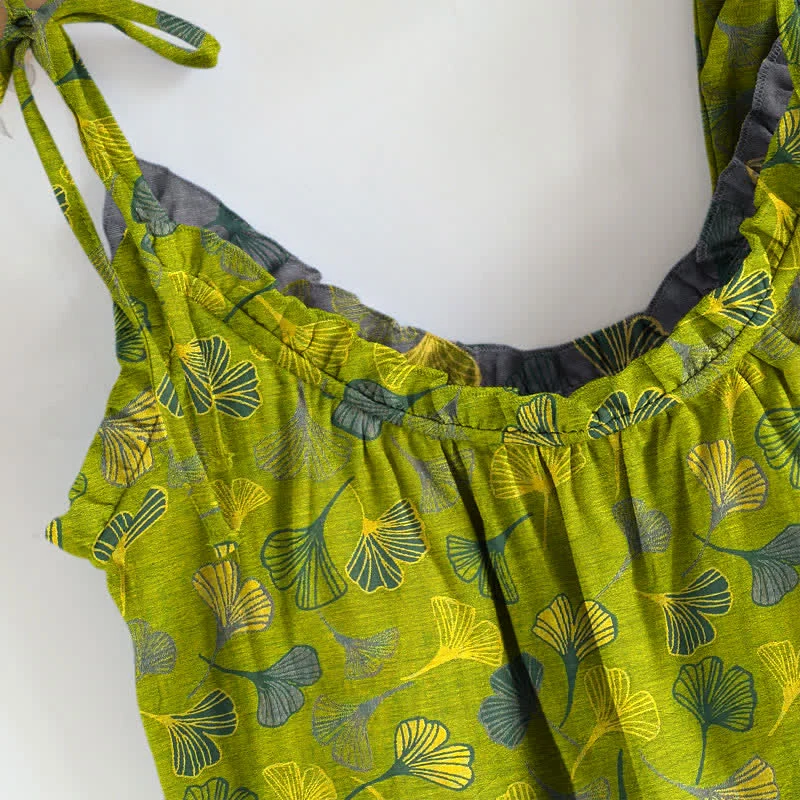 Retro-Loungewear-Set aus Baumwolle mit botanischem Ginkgoblatt-Tami-Top