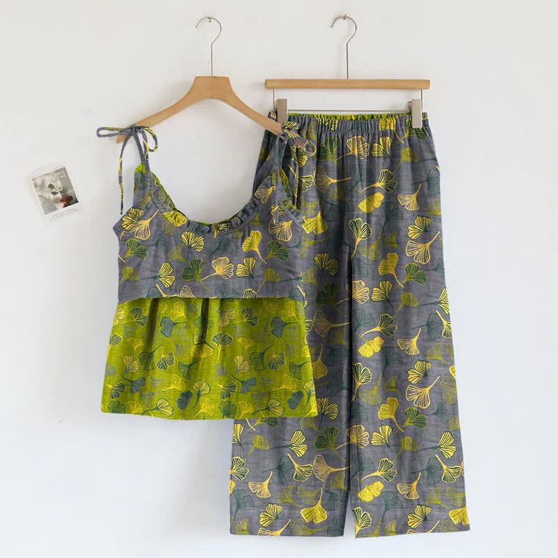 Retro-Loungewear-Set aus Baumwolle mit botanischem Ginkgoblatt-Tami-Top