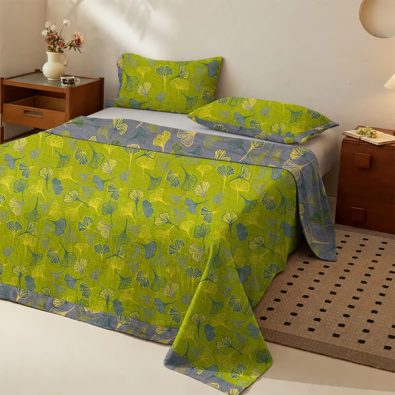 Vintage Bettwäsche-Set aus Baumwolle mit grünem Ginkgoblatt