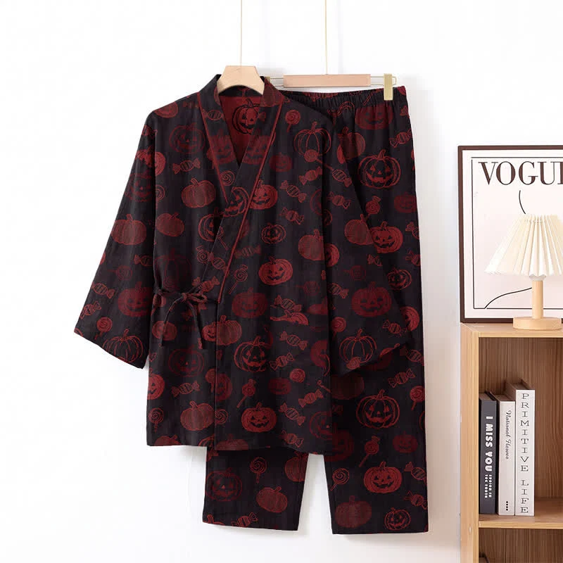 Halloween-Kürbis-Süßigkeiten-Baumwollkimono-Pyjama-Set