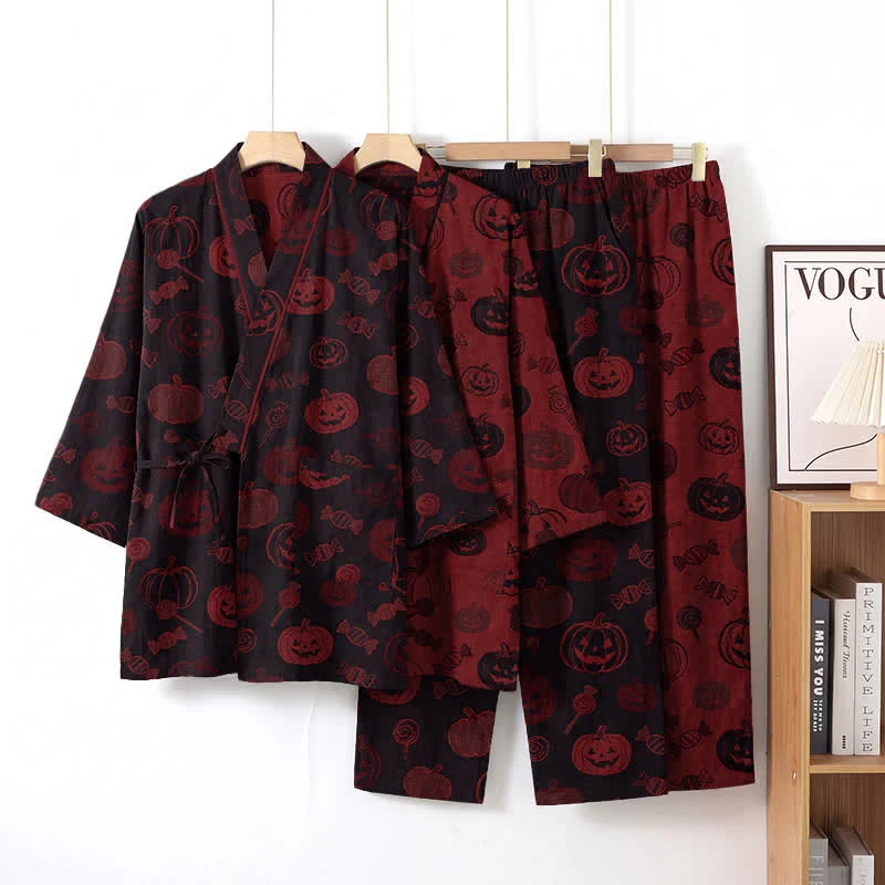 Halloween-Kürbis-Süßigkeiten-Baumwollkimono-Pyjama-Set
