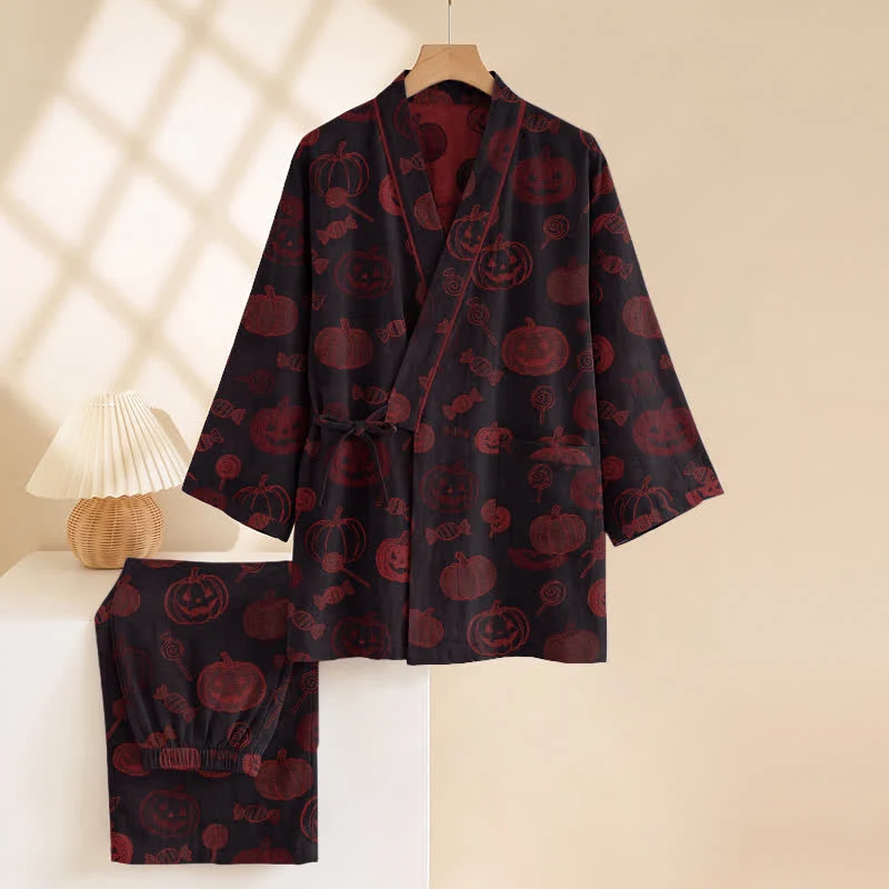 Halloween-Kürbis-Süßigkeiten-Baumwollkimono-Pyjama-Set