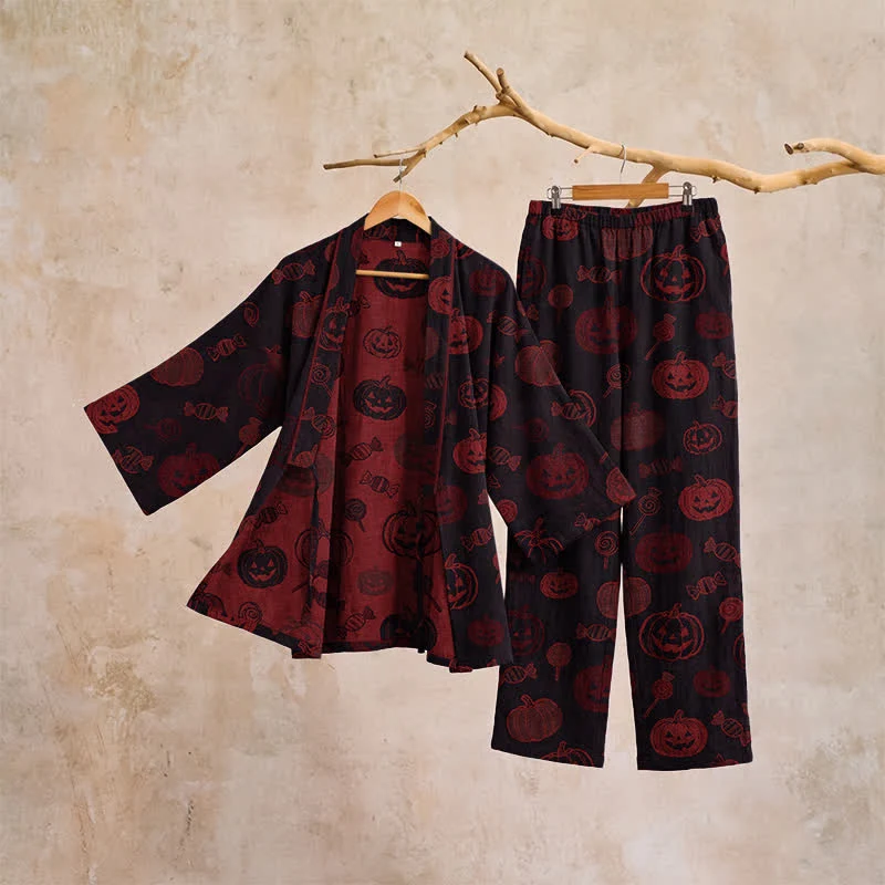 Halloween-Kürbis-Süßigkeiten-Baumwollkimono-Pyjama-Set