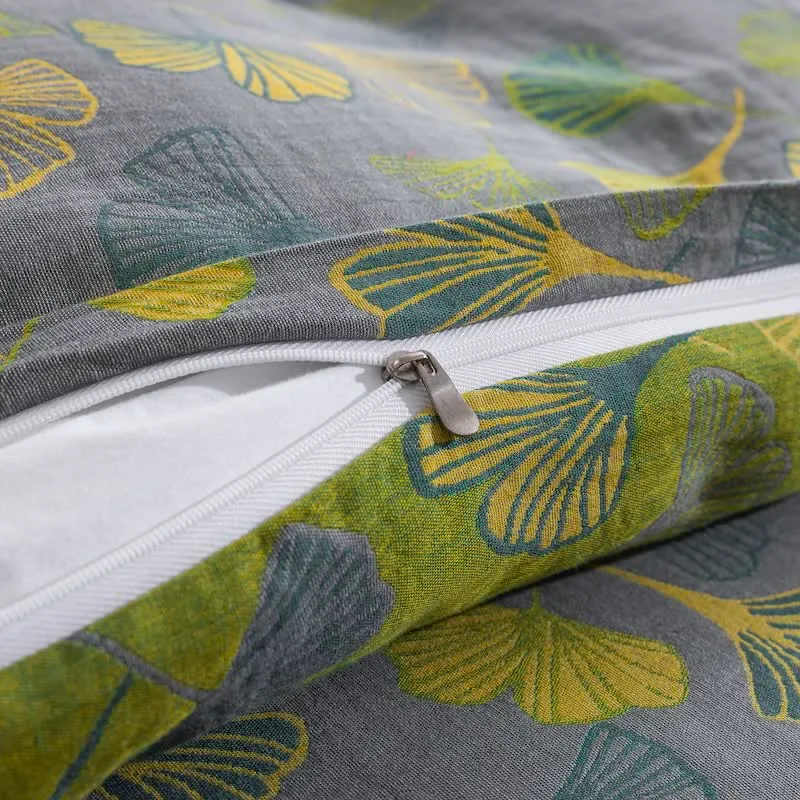 Vintage-Wendebettwäsche-Set aus Baumwolle mit grünem Ginkgoblatt