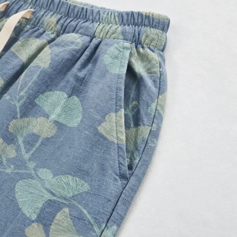 Retro-Loungewear-Hose aus Baumwolle mit botanischem Ginkgoblatt-Motiv