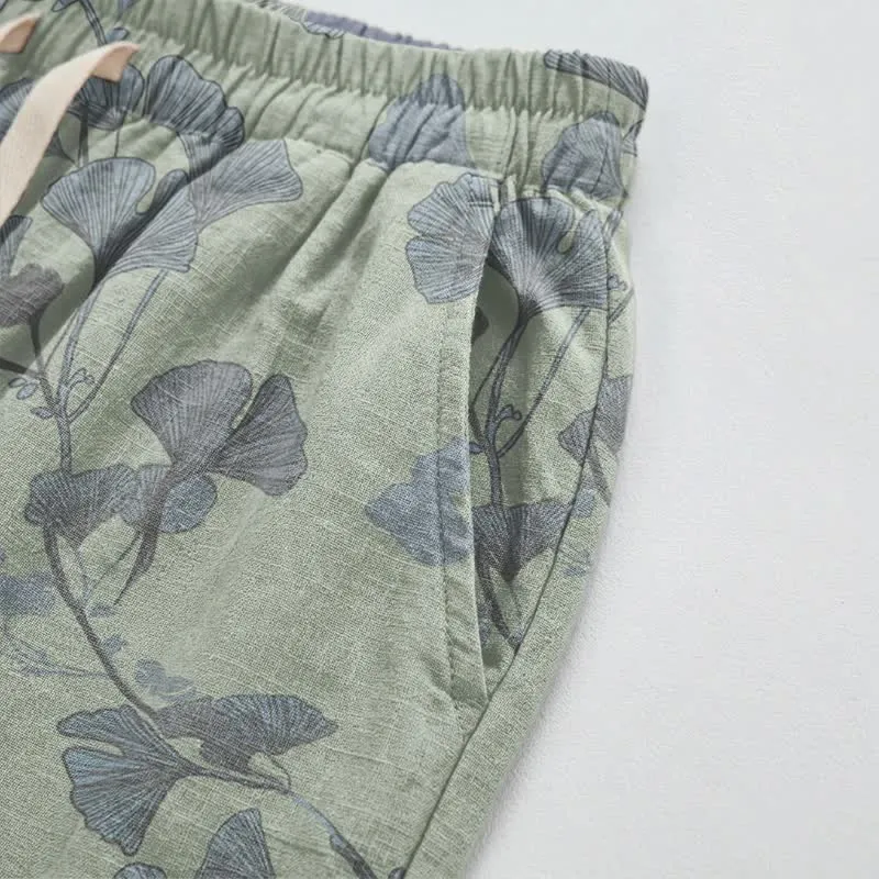 Retro-Loungewear-Hose aus Baumwolle mit botanischem Ginkgoblatt-Motiv